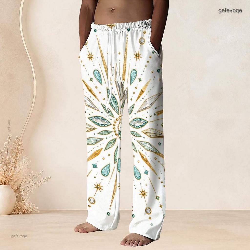 Men Plus Size White Printed Drawstring Waist Straight Leg Full Length Beach Pants