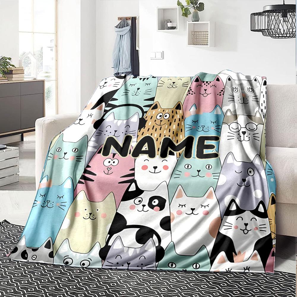 Cute Cat Pattern With Colorful And Playful Designs Multipurpose Customizable Blanket Customize Text Warmthful Decor Versatile For Sofa Couch Office