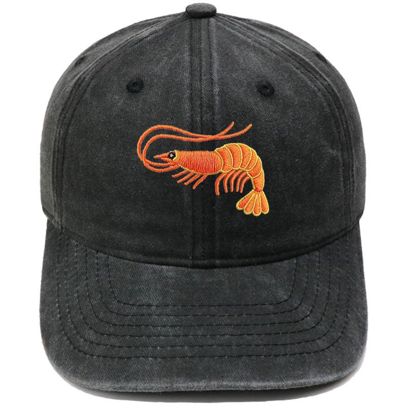 New Cute Orange Shrimp Embroidered Baseball Cap Washed Vintage Ocean Animal Men's and Women's Casual Shade Cap