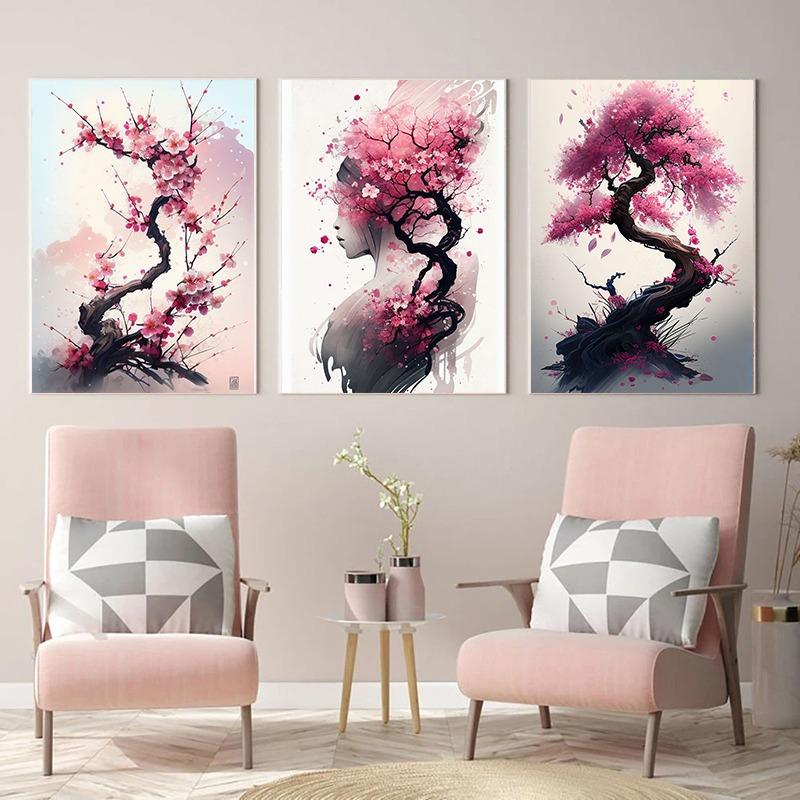 Японская Сакура Настенное Искусство Плакат Печать Холст Картина Розовая Акварель Цветущая Вишня Эстетические Картины для Декора Гостиной