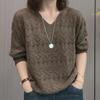 Plus Size 6XL Fashion Western Style V-neck Hollow Thin Temperament Blouse Sweater All-match Long-sleeved Autumn