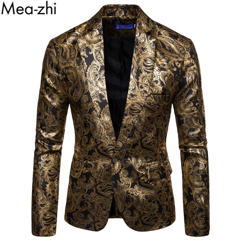 Men Blazer Slim Fit One Button Men Jacket Gold Print Groom Wedding Dress Suit Stage Club Party Casual Formal Blazers