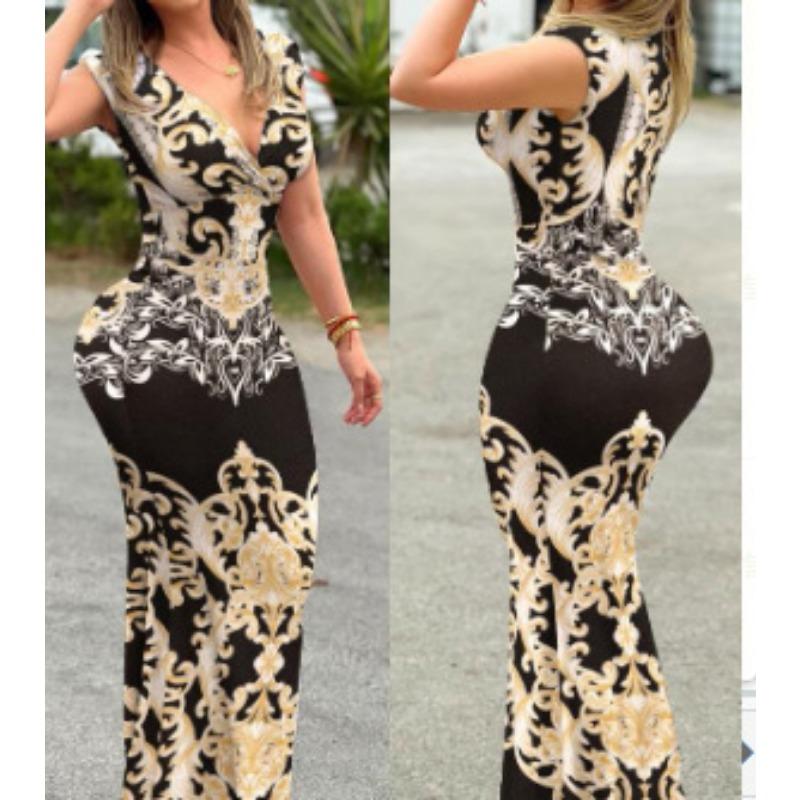 Сексуальное и модное длинное платье без рукавов с принтом и V-образным вырезом, прикрывающее бедра, для летних женщин