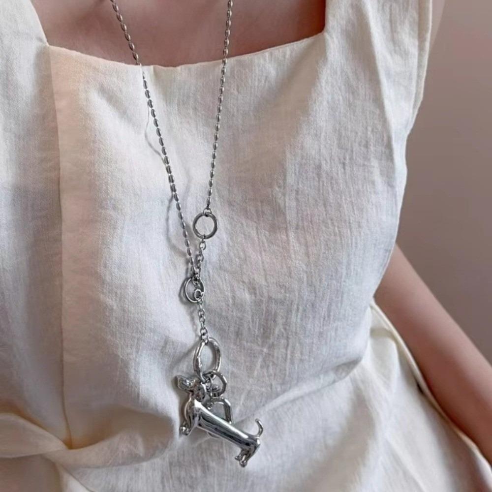 Vintage Dachshund Pendant Necklace Unique Beads Chain Y2K Fashion Cartoon Dog Choker Daily Wear