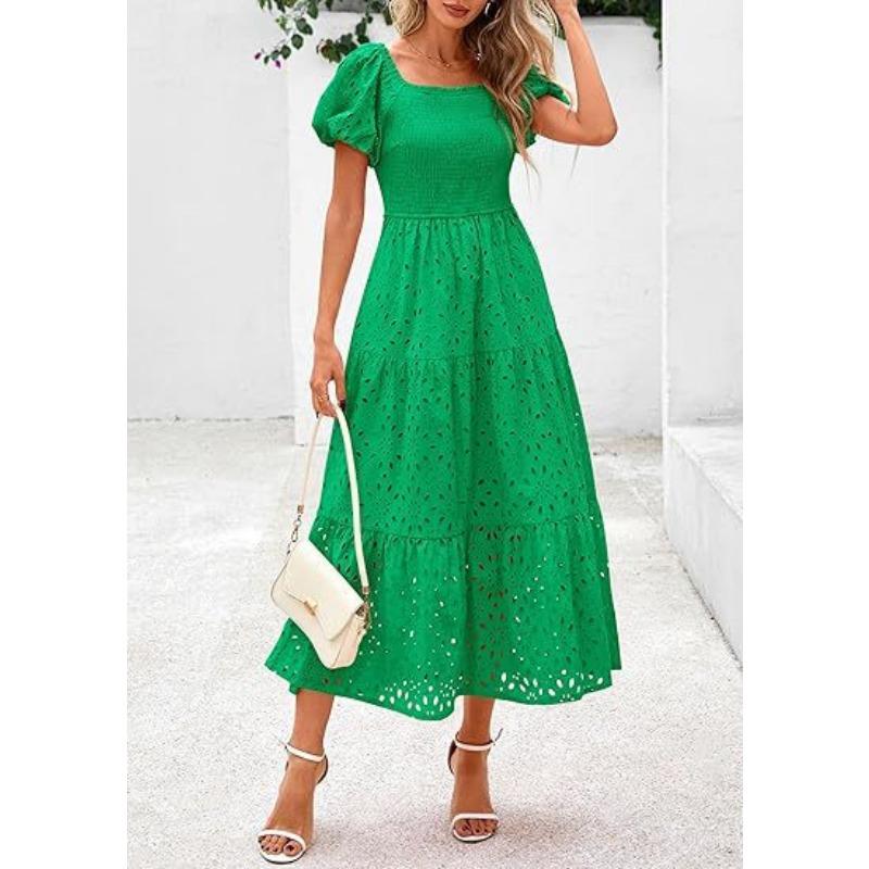 Женское платье с квадратным воротником, рукавами-фонариками, короткими рукавами и сетчатой вставкой