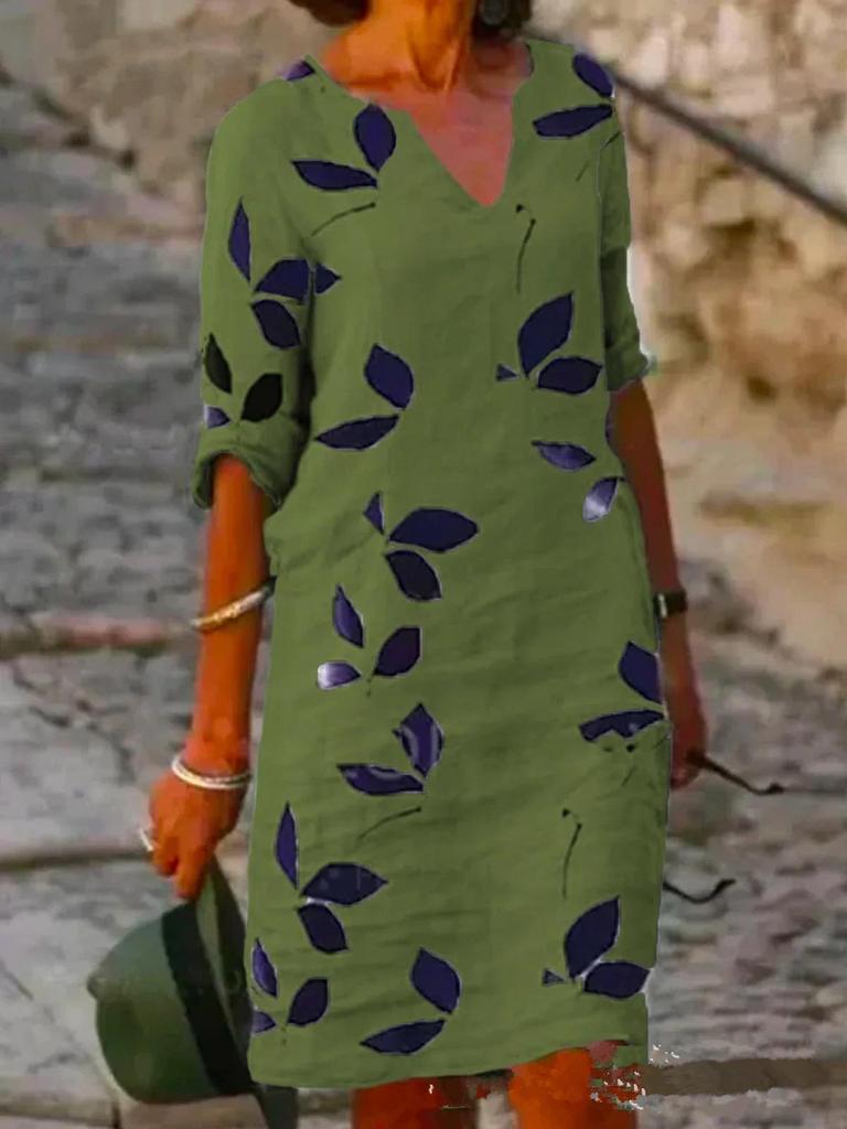 Платье-пуловер из хлопка и льна с принтом в европейском и американском ретро-стиле - Элегантная юбка средней длины