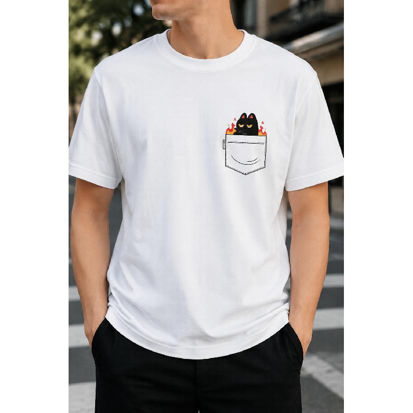 Plus Size - Men's T-Shirt S-5XL Featuring a Cute Black Cat in a Pocket With Flames - a Casual Short-Sleeve Round-Neck Top With a Relaxed Fit,