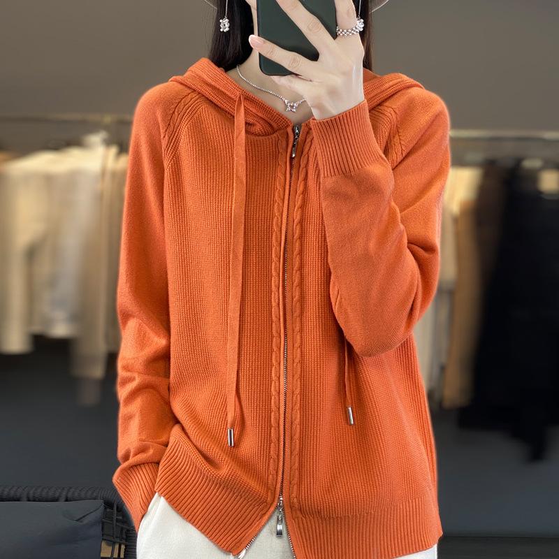 Женская кардиган с капюшоном на молнии, трикотажная куртка, однотонный свитер, повседневная толстовка с капюшоном, теплая трикотажная куртка в стиле Харадзюку на осень и зиму