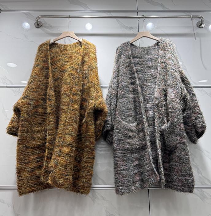 European & American Color-Block Mid-Length Knitted Cardigan: Casual Loose Fashion Sweater Coat for Women