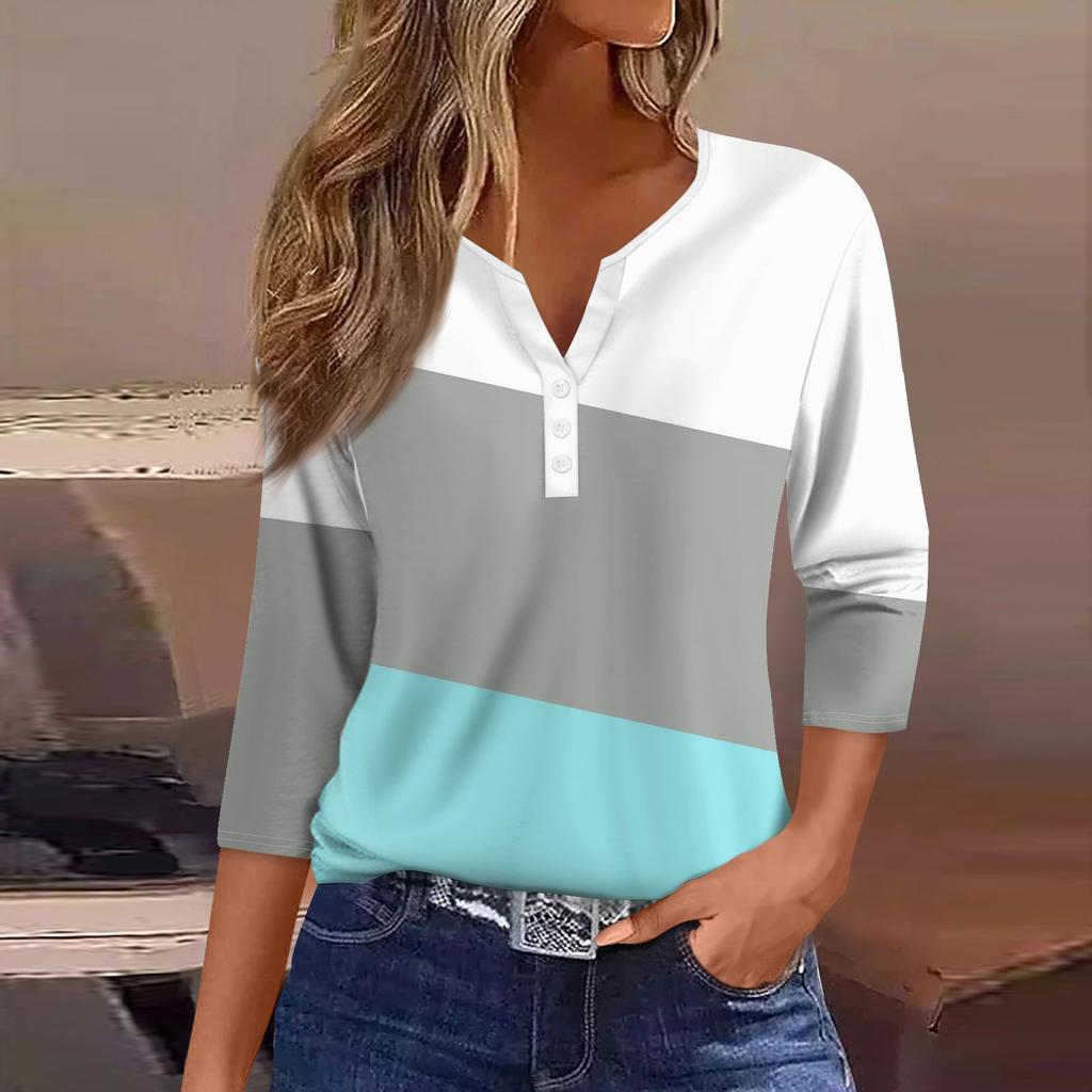 Жен. Футболка Футболка С принтом Пуговицы Рукав 3/4 Повседневные Выходные Мода Классический V-образный вырез Обычный Топ