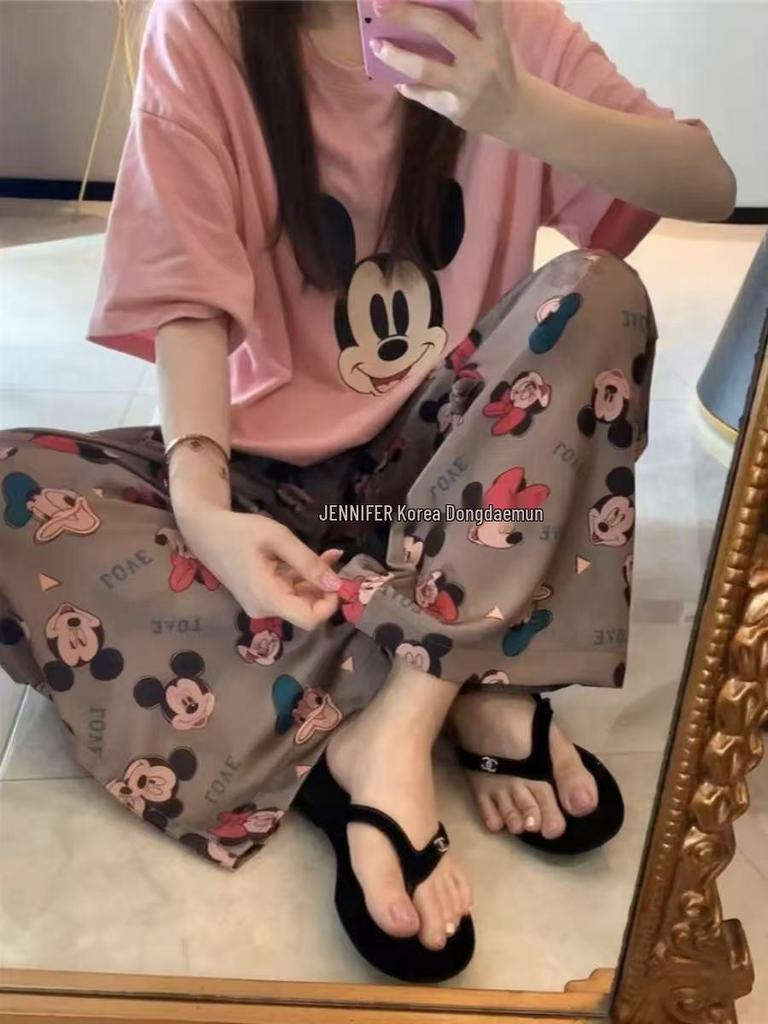 Женский летний мультяшный пижамный комплект - Круглый вырез, Короткий рукав, Легкие брюки для весны и осени