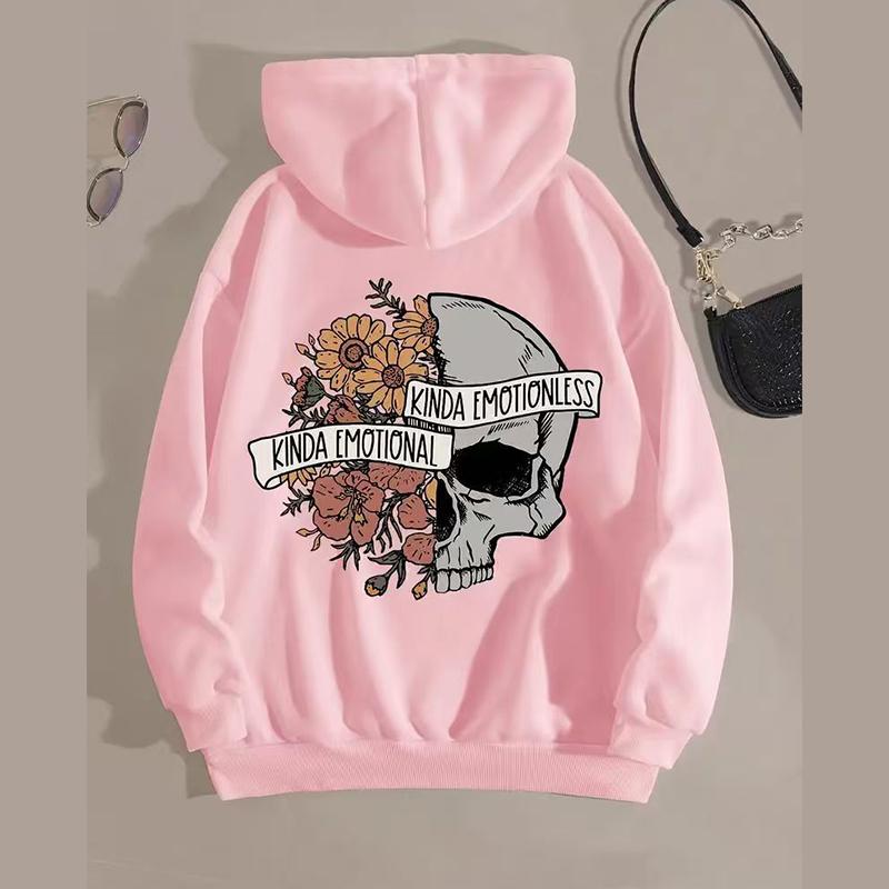 Ladies Spring Autumn Casual Hooded Long Sleeve Big Pocket Halloween Skull Flower Printed Pullover Hoodies Sweatshirt Top