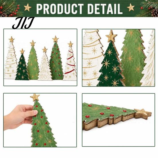 Miniature Festive Desktop Displays 6Pcs Wooden Christmas Tree Tabletop Decor Set, Rustic Star Topped Natural Wood Tiered Tray Mini Figurines,