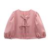 Kaslead New Arrival Women's Fashion Style Fashion Satin Puff Sleeves Bows Short Top