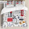 Hipster Duvet Cover London Double Decker Bus Telephone Booth Cab Crown of United Kingdom Big Ben Polyester Quilt Cover Full King