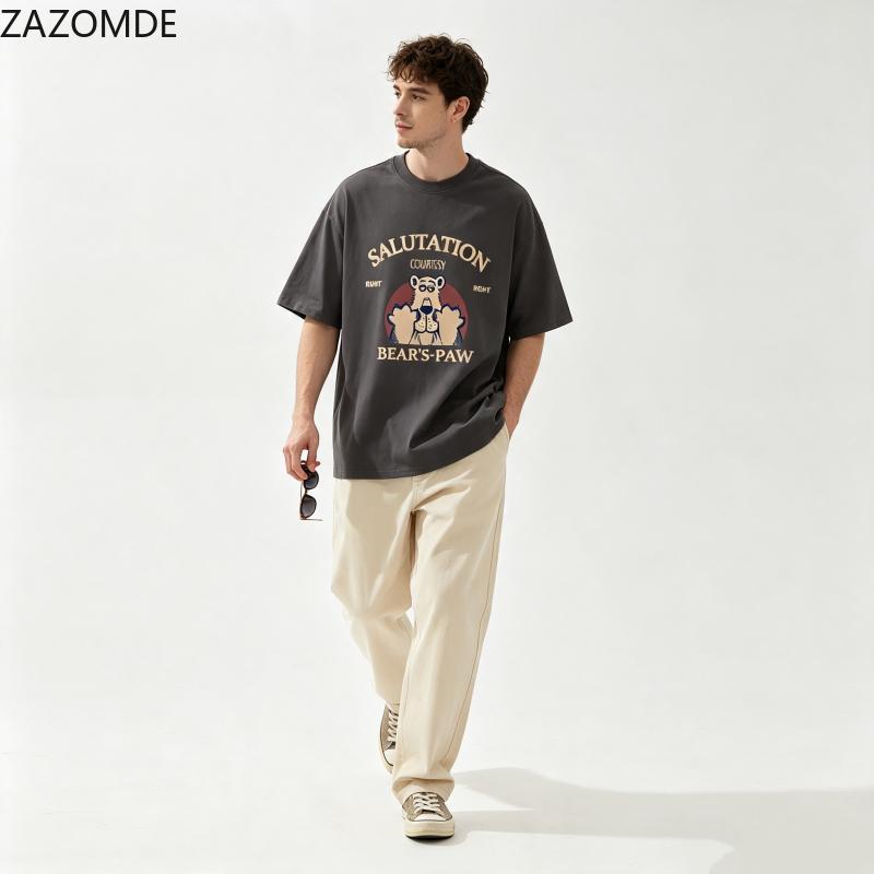 ZAZOMDE Unisex Fashion Bear Graphic Short Sleeve T Shirt Vintage Letter Print Crew Neck Oversized Streetwear Casual Tops 2026new