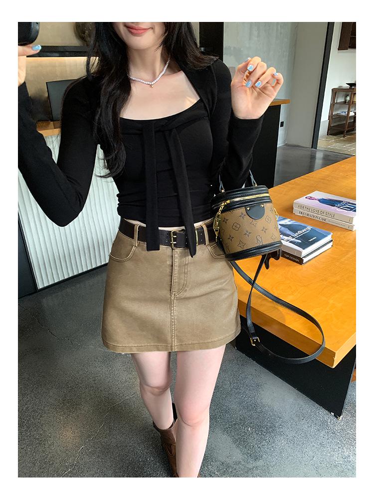 Chic Square Neck Lace-Up Slim Fit Short Top for Women - Autumn/Winter Fashion