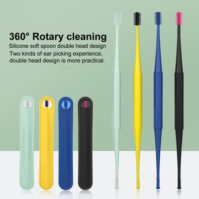 Набор силиконовых ушных палочек для чистки ушей, нержавеющая сталь, двойная спиральная насадка, портативный очиститель ушей с длинной ручкой, чехол из искусственной кожи