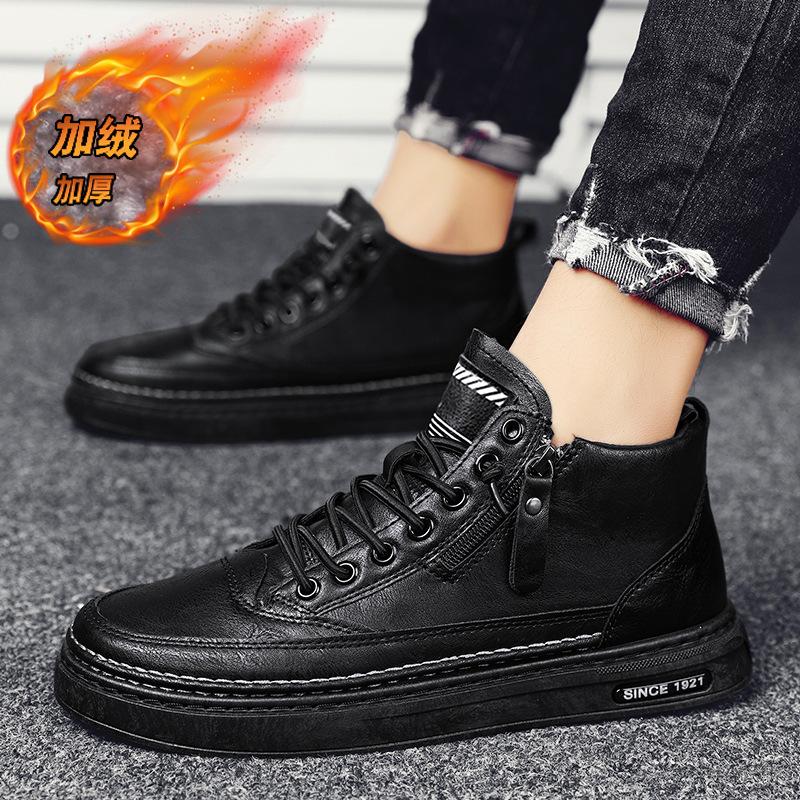 Новые мужские повседневные ботинки Высокие ботинки на платформе Кожаные кроссовки Зимние бархатные ботинки Модная мужская обувь