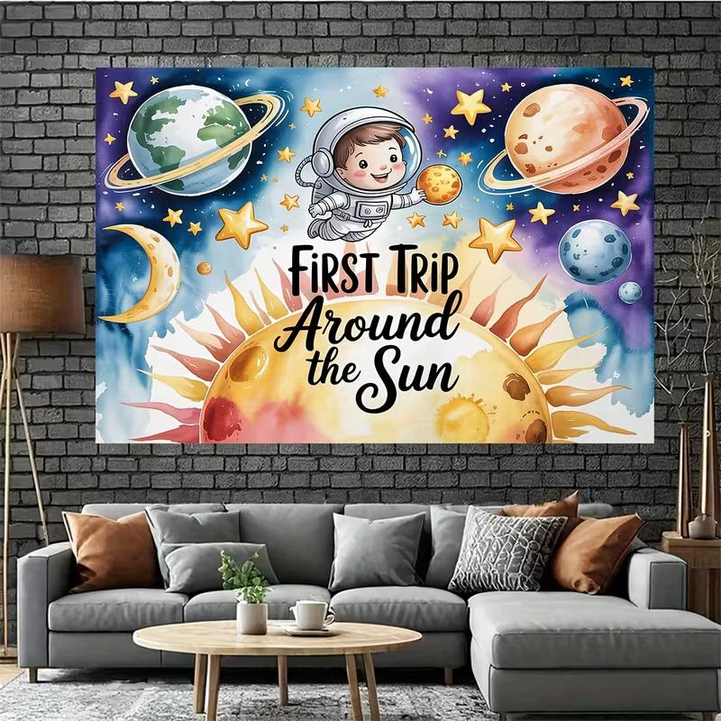 2D Watercolor Astronaut Planets Baby Boy 1st Birthday Photography Background