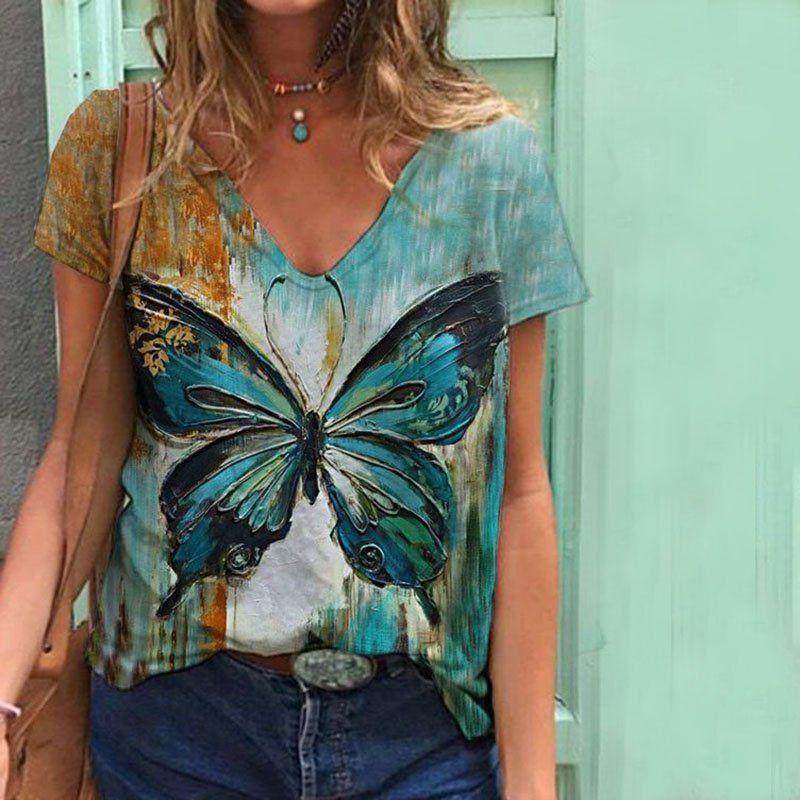 Summer Butterfly Dragonfly 3dV Neck Printed New Women's Top T-shirt
