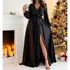 Elegant V Neck Slit Sexy Women Maxi Dress Summer Vintage Puff Sleeve Solid Party Long Dresses Women Casual Lace-up High Waist Slim Club Dress 26153