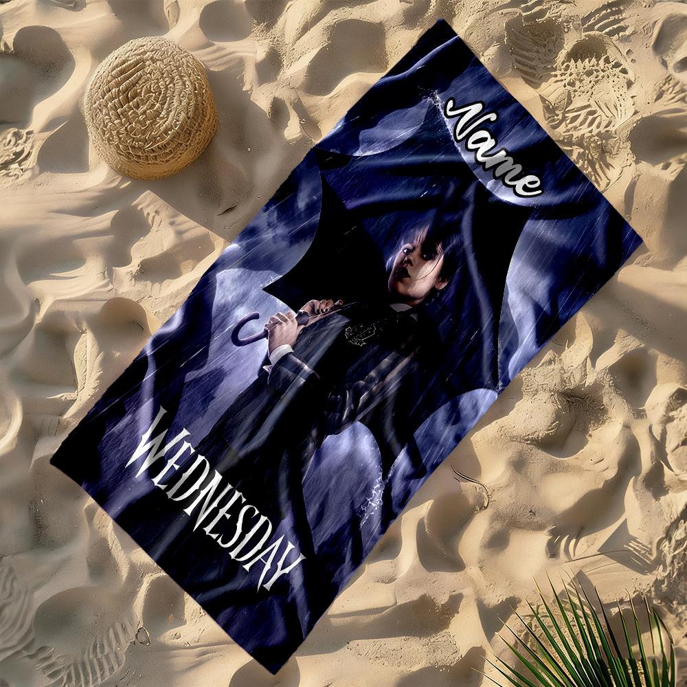 Wednesday Addams: Umbrella Mystery Personalized Text Beach Towel Quick-Dry Soft Microfiber