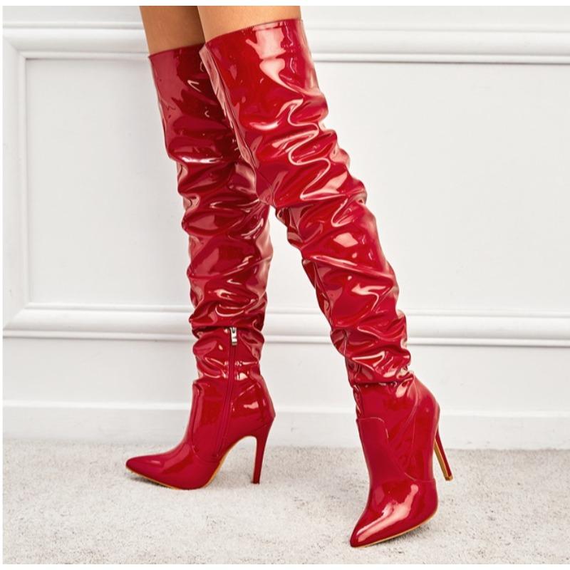 Fashion Red White Boots Winter Sexy High Heels Women Patent Leather Thigh High Boots Pointed Toe Waterproof Long Boots
