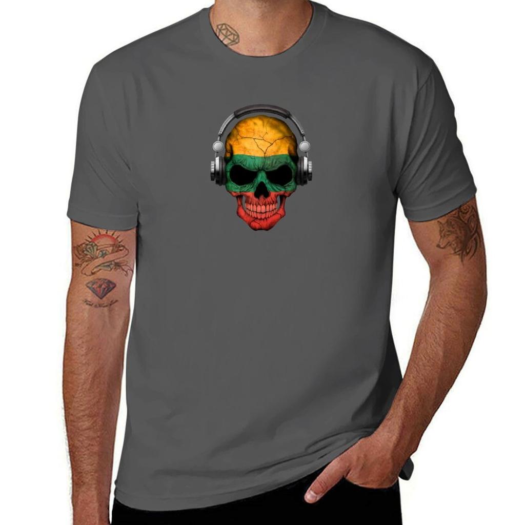 Dj Skull with Lithuanian Flag TShirt Simple Line Art Print Tee