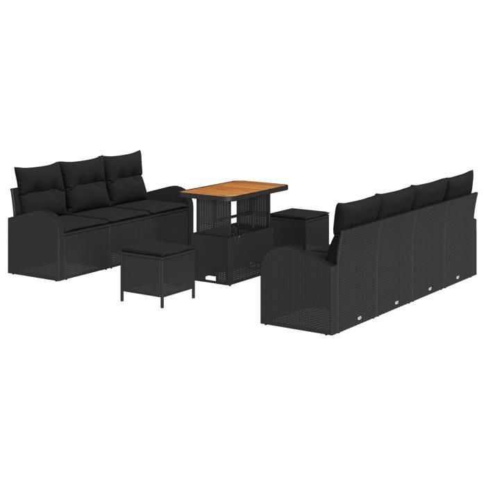 Ensemble de canapés de jardin 10 pièces avec coussins Noir Poly rotin Acacia, Canapé de jardin 2 places avec rangement 3364309