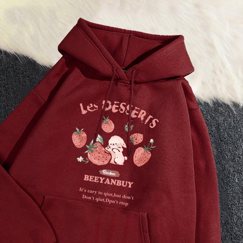 Cute Strawberry And Rabbit Printed Sweatshirt Pocket Soft Warm Breathable Pullover Autumn Winter Hoody