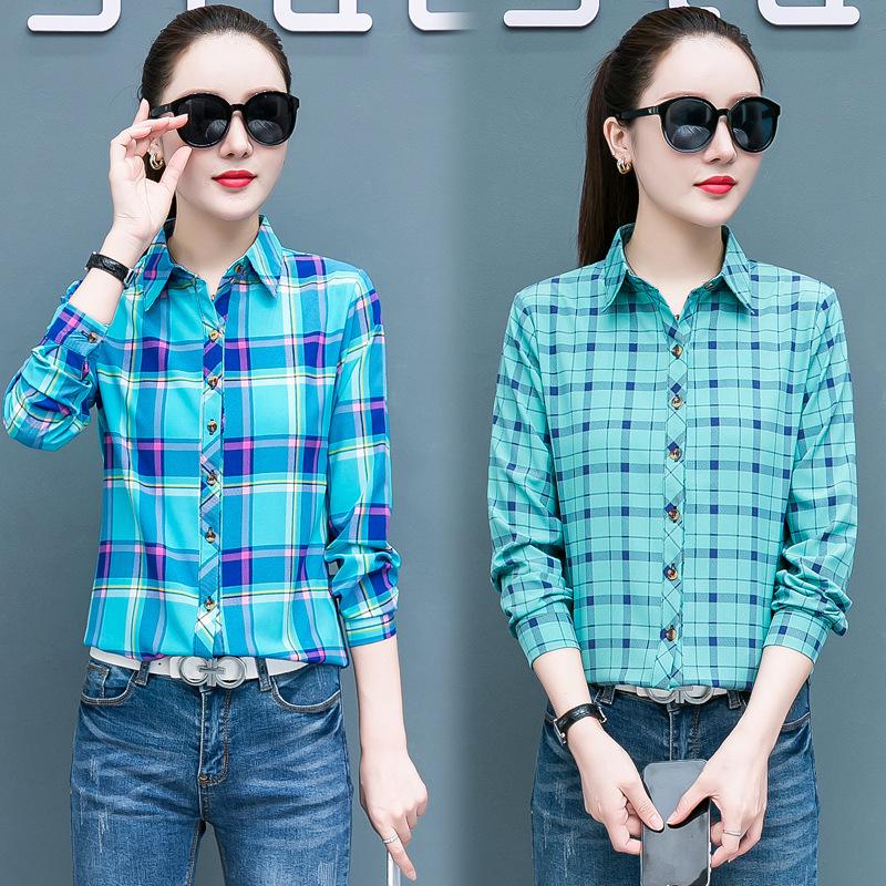 Клетчатая рубашка для женщин, сто женщин, топы, свободная ретро рубашка с длинным рукавом с гонконгским вкусом