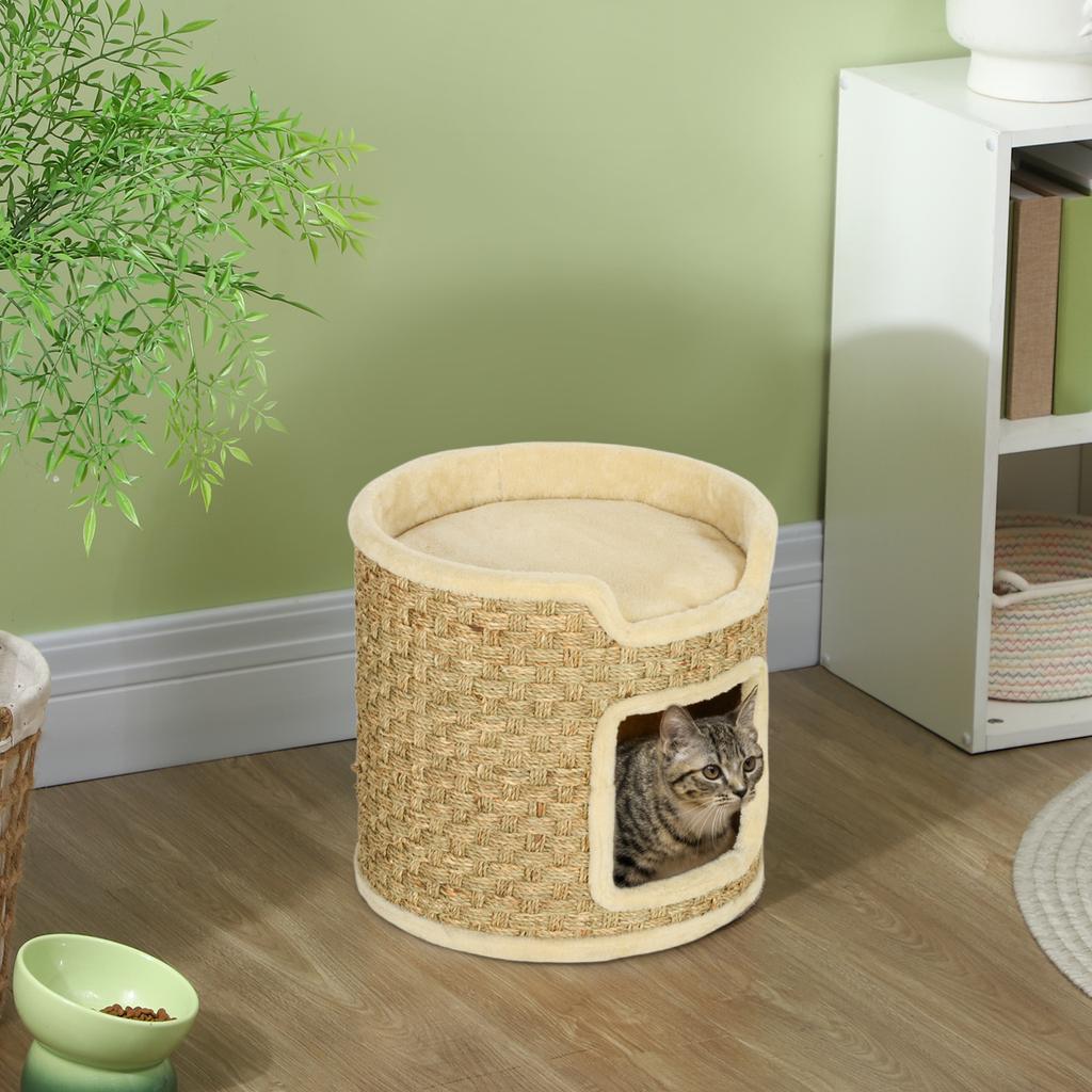 Cat Scratching Post, Play and Relaxation Area, Plush, diameter 38 x 37H cm, Khaki-Beige, Up to 5 kg