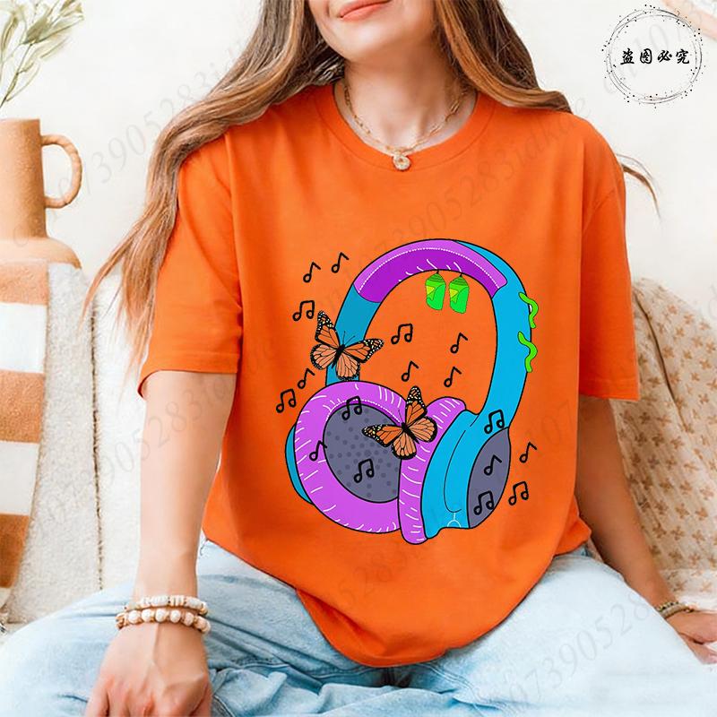 Womens Cute Headphone Butterfly Music Graphic Tshirts Colorful Pattern O Neck Short Sleeve 2026 Casual Female Daily Wear Tees