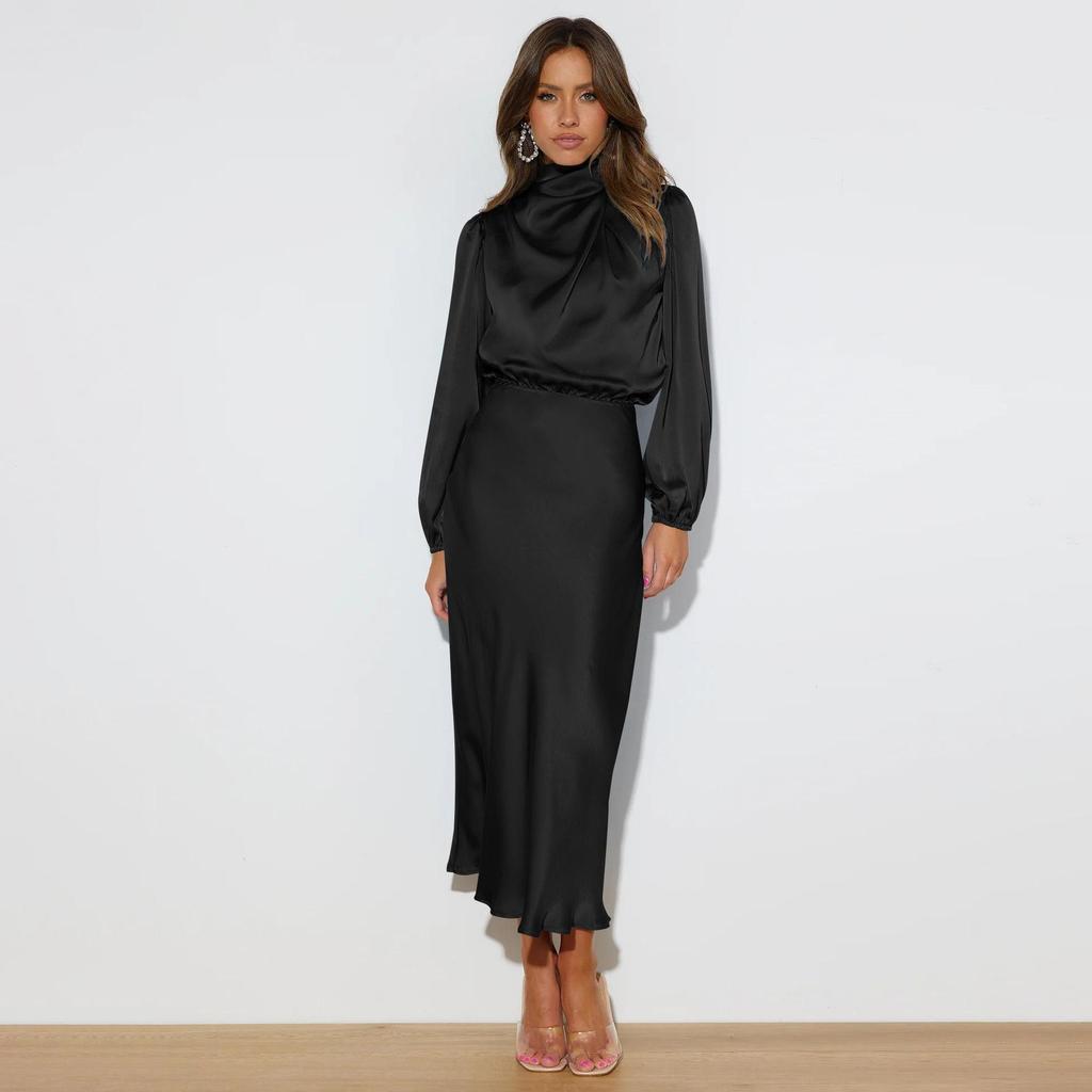 Женское весеннее вечернее платье с длинным рукавом-фонариком, элегантное длинное платье трапециевидной формы с бретелькой на шее и высокой талией, сплошной цвет