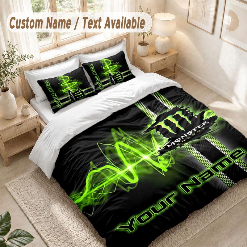 Custom Name Bedding Set 3 PiecesMonster Energy Print Duvet Cover + 2 Pillowcases Soft Bed Decor