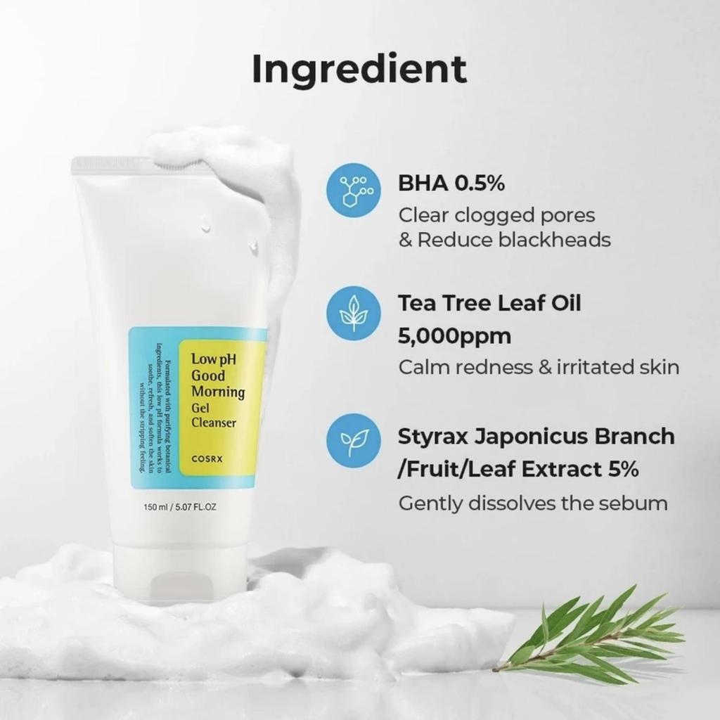 COSRX Гель для умывания с низким pH Good Morning 150 мл, BHA 0,5%, Масло листьев чайного дерева 0,5%, Ежедневное мягкое очищающее средство для чувствительной кожи