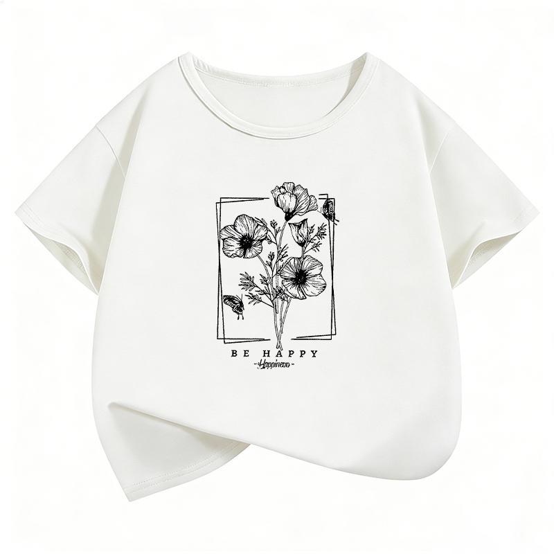 Be Happy Vintage Flower Butterfly T Shirts Gothic Kids Children's T-shirt Boys Girls Casual Top Tee Summer Spring