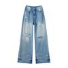 Retro Ripped Jeans Spring New Style Straight Loose Light Color High Waist Slimming Design Wide-leg Floor Trousers