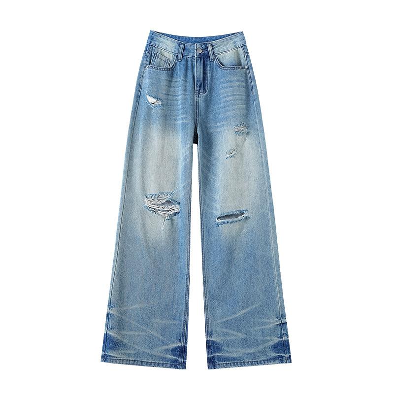 Джинсы прямого кроя Весна и Осень Новые Рваные Ретро Высокая посадка Свободные Стройнящие Маленькие Широкие брюки