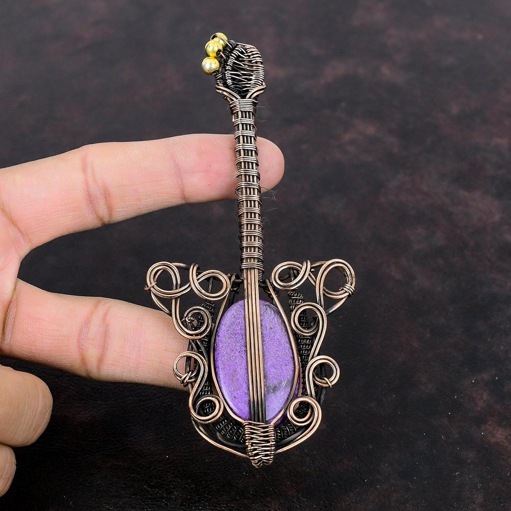 Пурпуритовый кулон, медная проволока, обернутая кулоном, гитара, кулон, проволока, ювелирные изделия, кулон из драгоценного камня ручной работы, медные ювелирные изделия, подарок для мамы