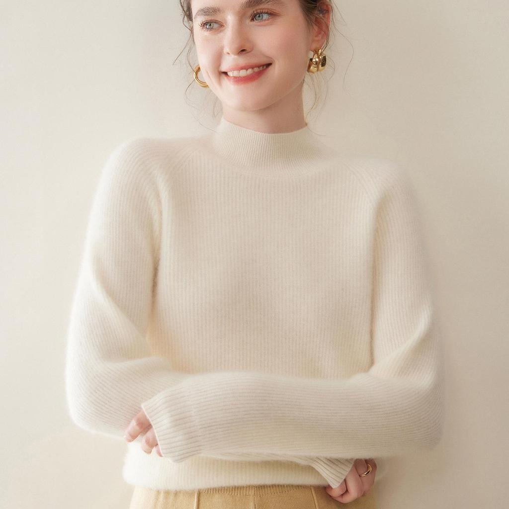 New Arrival: Women's Ribbed Cashmere Sweater - Twelve-Needle Design with Half-High Collar for Comfortable Autumn and Winter Wear