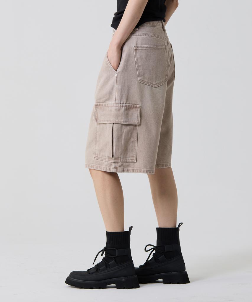 UNKNOWN PLANET Bermuda Wide One-Pleat Washed Cargo Shorts Vintage Beige