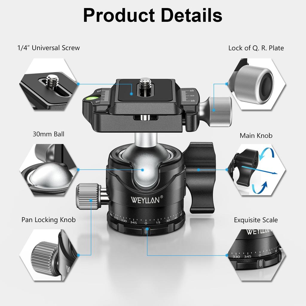 WEYLLAN Шаровая компактная и 5 кг нагрузка 40 мм труба Легкая Высокостабильная Компактная Подходит для различных сцен, таких как и Свободно вращающаяся головка, Вращение на 360°,