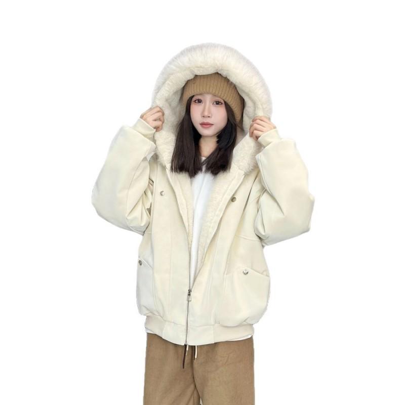 Winter Hooded PU Cotton Coat Unisex Loose Thick Warm Sherpa Jacket