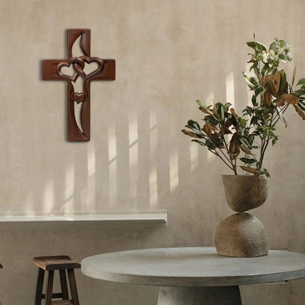 Christian Intertwined Heart Wooden Cross Valentine's Day Log Cross Pendant Living Room Decor