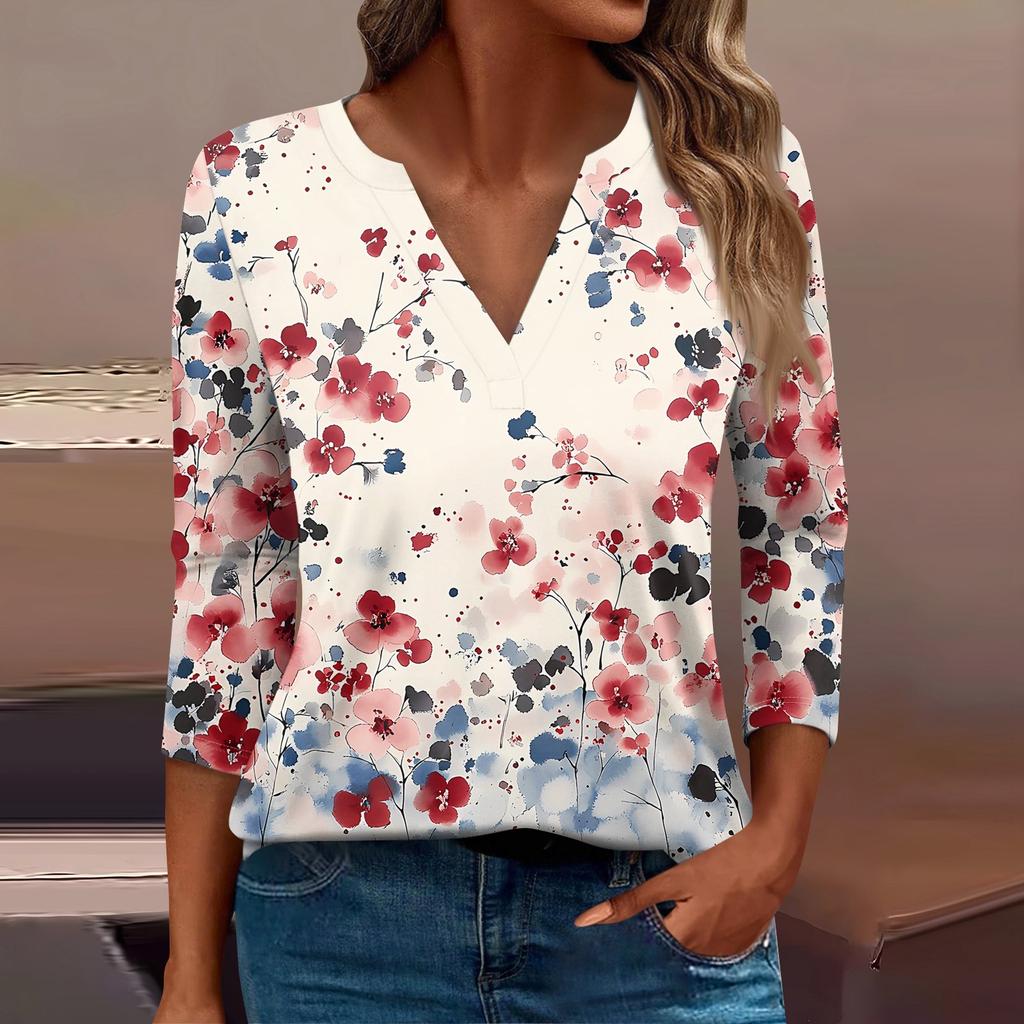 Женская футболка Футболка с принтом Рукав 3/4 Повседневные Выходные Мода Базовый V-образный вырез Обычный топ