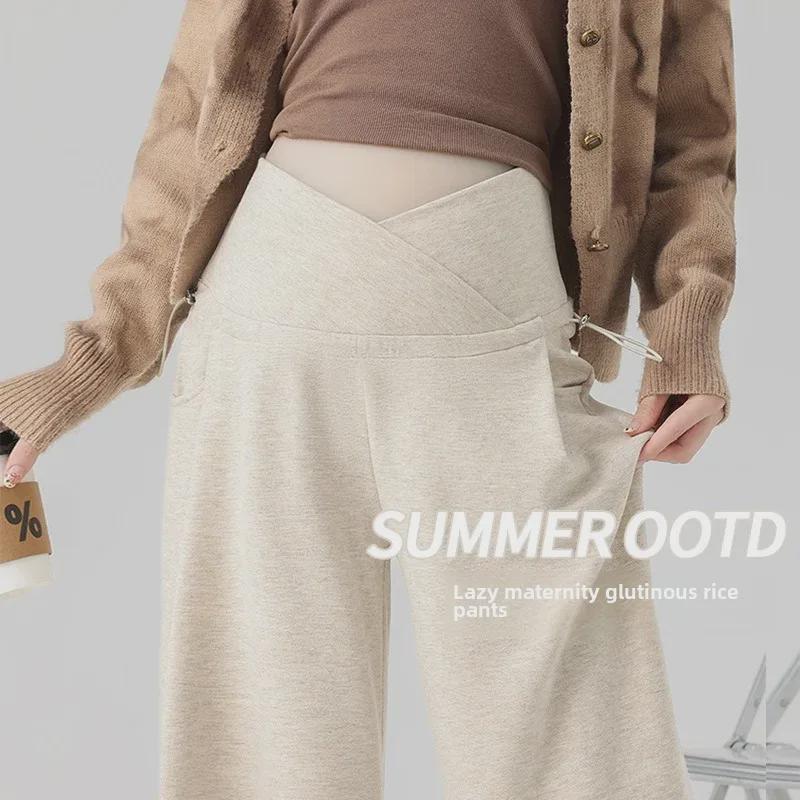 "Корейские широкие брюки для беременных": Ткань из клейкого риса, заниженная талия, завязки по бокам, поддержка живота для комфорта во время беременности».