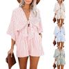 (Qunide) Summer Women'S Beach Resort Style Striped Knotted Tie Half-Sleeve V-Neck Slim Fit Waist Elastic Jumpsuit