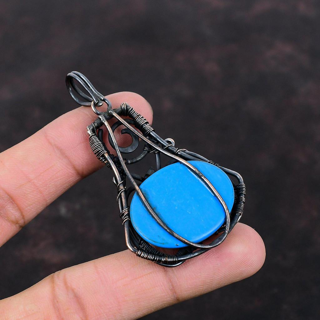 Кулон из бирюзы «Спящая красавица», обернутый медной проволокой, ювелирное изделие ручной работы, медный кулон, подарок на годовщину, обернутый проволокой, драгоценный камень